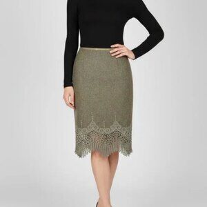 Carlisle Olive Green Tweed Crochet Cotton Lace Fringe Hem Pencil Dress Skirt 16